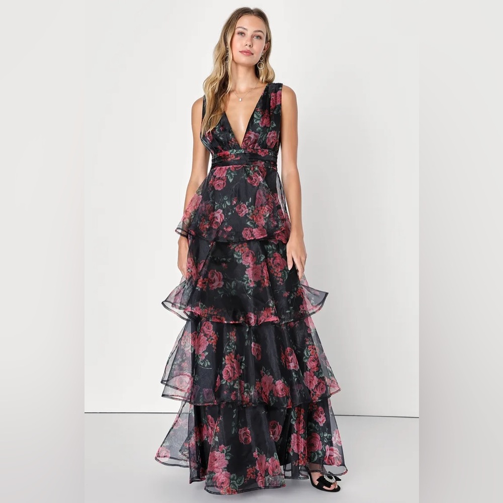 Lulu’s Garden Radiance Black Floral Print Organza Tiered Maxi Dress